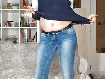 French Blonde Trans Camelia dancing half-naked in sexy tight jeans showing off her small breasts